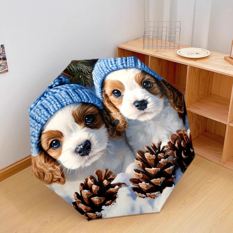 1 Stück Automatischer Faltregenschirm - Süßes Hundemuster, Tragbares & Faltbares Design mit 8 Speichen, Weihnachts- und Geburtstagsgeschenke