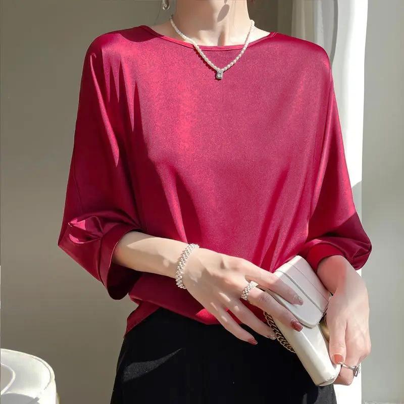 In Summer Satin Silk Half-Sleeve Tee Tops Basic Solid Women‘s T-Shirt Casual O-neck Thin Shirts Ladies Loose Blouses