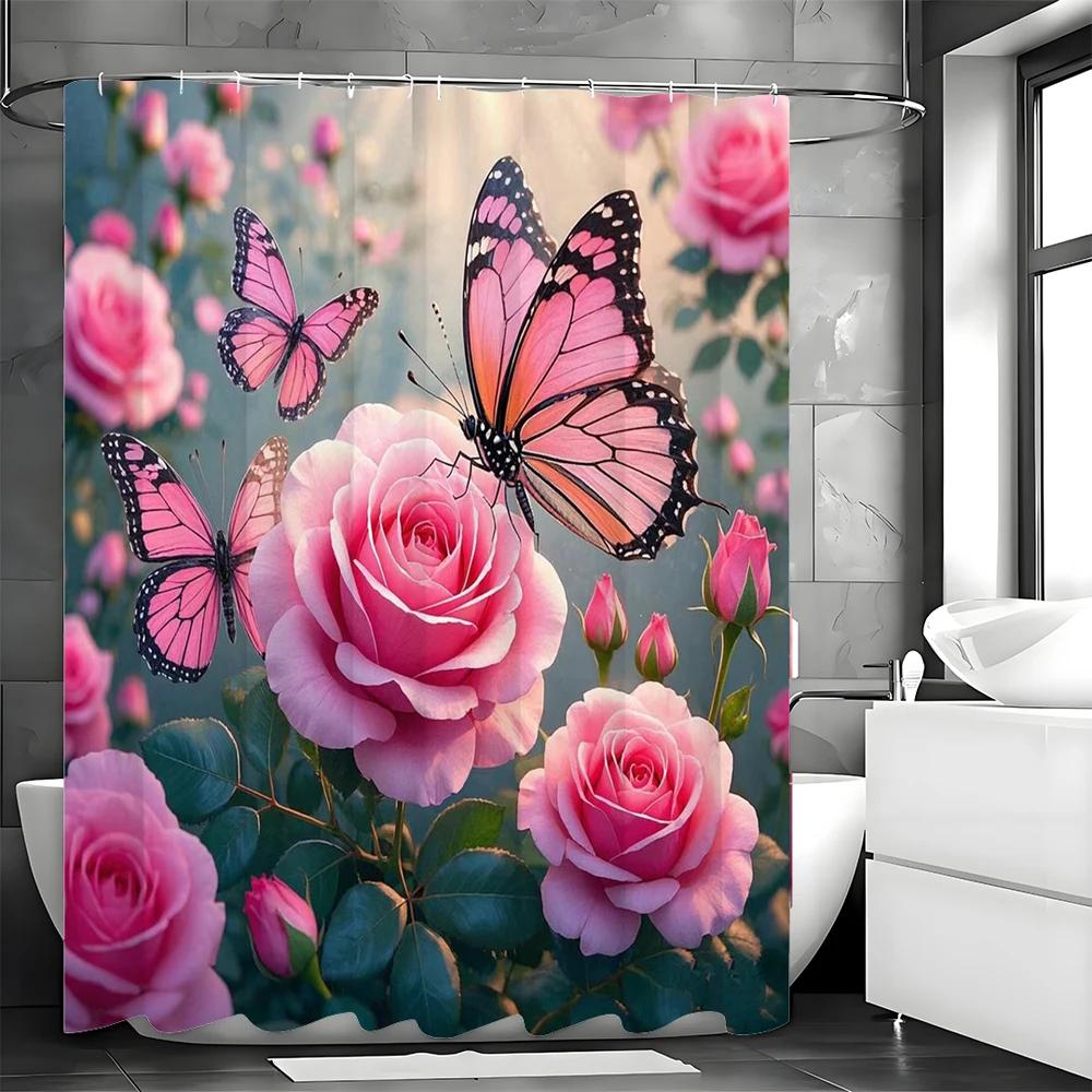 Różowa Zasłona Prysznicowa z Motylem, Dekoracyjna Zasłona Prysznicowa do Łazienki, Wodoodporna Zasłona Prysznicowa z Haczykami