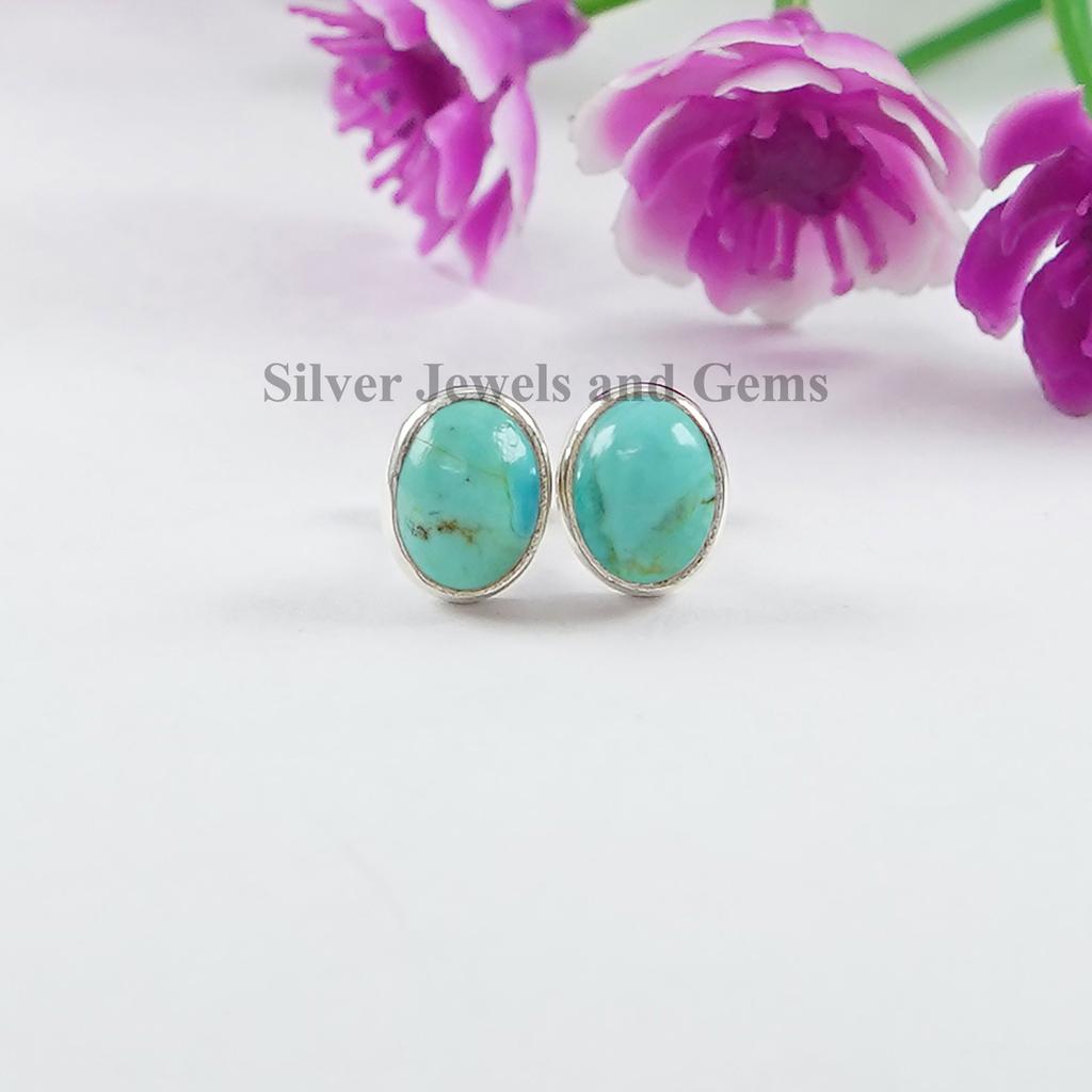 Natural Turquoise Stud Earrings, Kingman Turquoise Studs, Tiny Stud Earrings, 925 Sterling Silver Studs, Oval Turquoise Studs, Gift for Wife