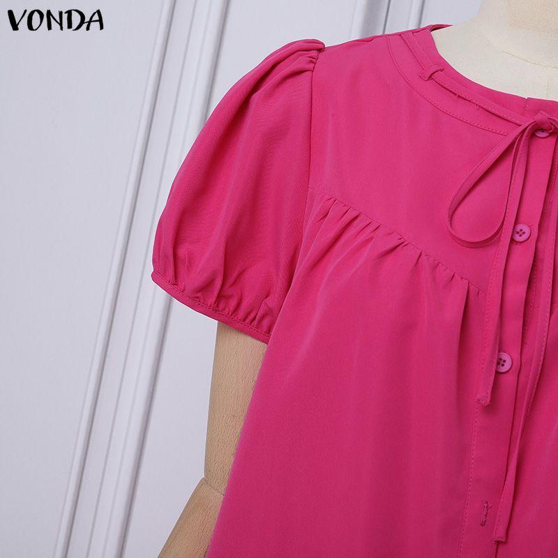 VONDA Women Summer Round Neck Casual Short Sleeve Ruffled Mini Dress