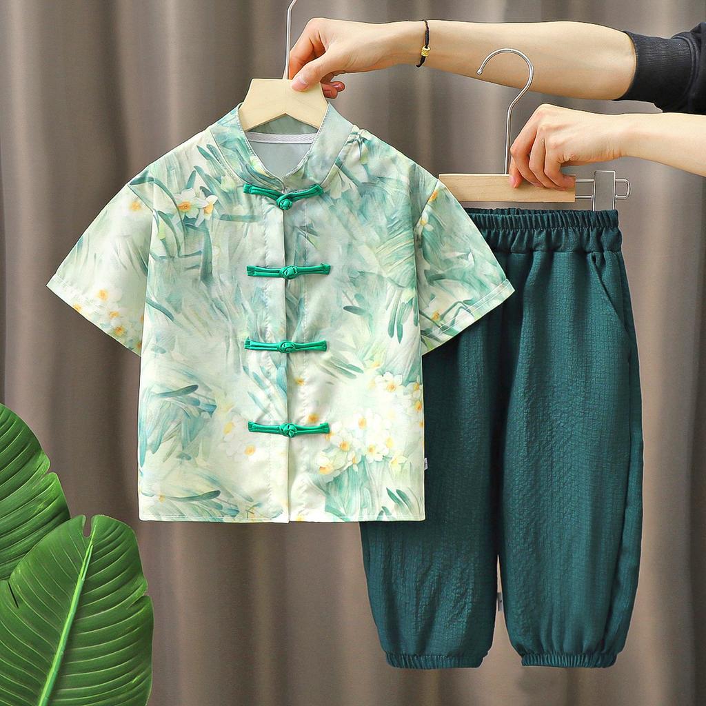 Set in stile cinese per ragazzi Estate Manica Corta + Pantaloni Capri Hanfu Abito Tang