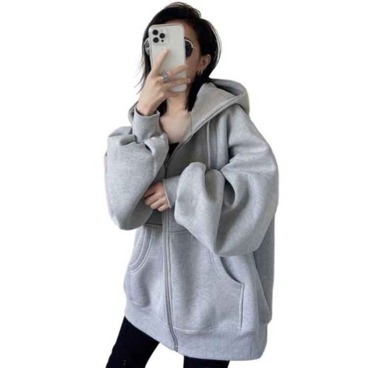

Oversized Fleece Lined Hooded Coat Women Zip Up Hoodies Long Sleeve Sweatshirt with Pockets Casual Fall Winter Outfits 3XL сірий