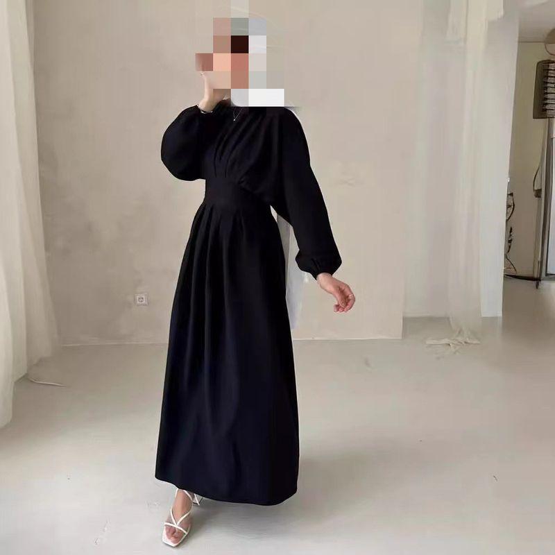 New Arrival Middle East Turkey Pure Color Drawstring Sleeves Silm Dress Solid Color Waist up Dress