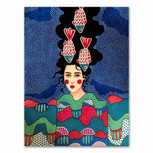 Abstract Girl Hair Flower Bird Wall Art Canvas Painting Vintage Nordic Prints Wall Pictures For Living Room No Frame