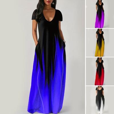 Cepli Kadın Maxi Elbise V Yaka Kısa Kollu Gradyan Kontrast Renkler A Kesim Tam Boy Günlük Parti Randevu için Elbise