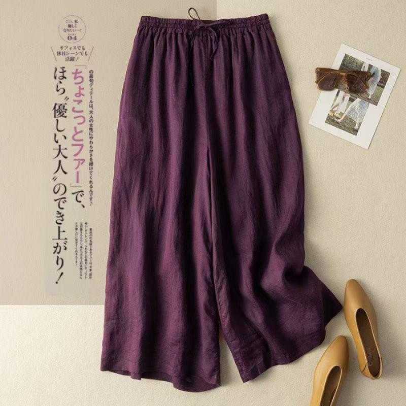 Women Spring Summer Chinese Style Cotton Linen Wide Leg Pants Retro Draped Loose Slim Casual Trousers