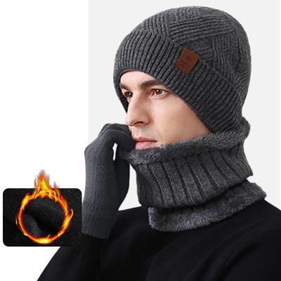Bonnet en Laine Très Extensible Kit Chaleur Bonnet Tricoté Chaud d'Hiver pour Homme Écharpe Gants Ensemble Trois Pièces