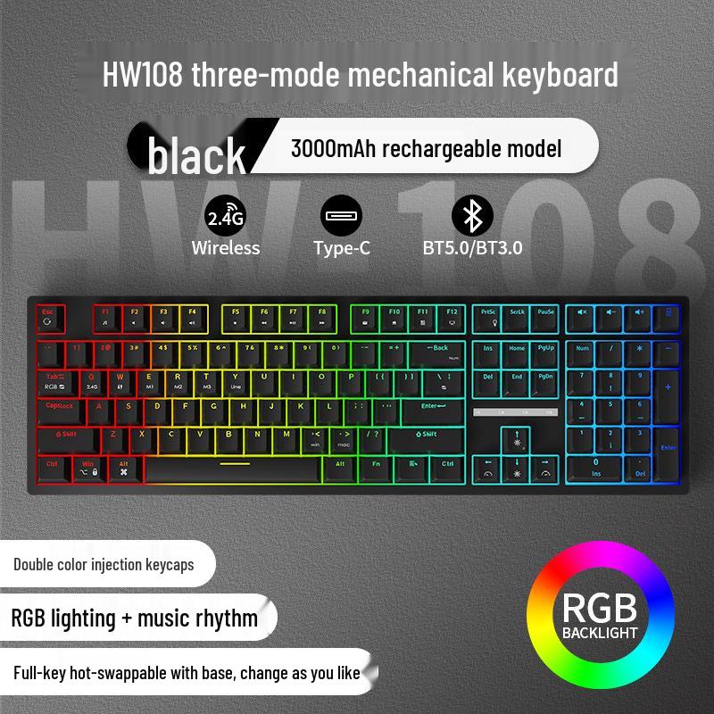 Chibao HW108 Silent Mechanical Keyboard, Red/Tea Axis, 3-Mode, Colorful Lighting for Gaming & Office.