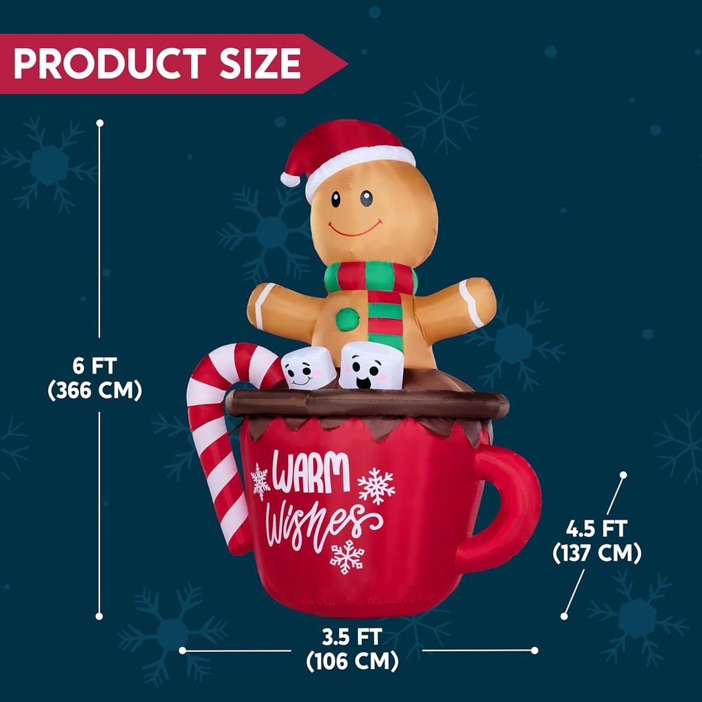 6 FT High Xmas Inflatable Gingerbread Man In Hot Cocoa Mug Featuring Build-in LEDs Designed for Xmas Celebration Outdoor Garden Decor