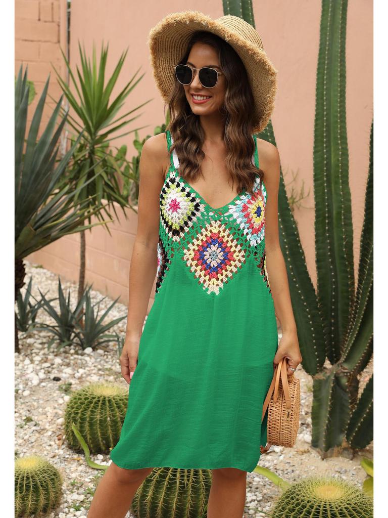 Women's Hand-Crocheted Flower Patchwork Sleeveless Beach Cover-up Dress