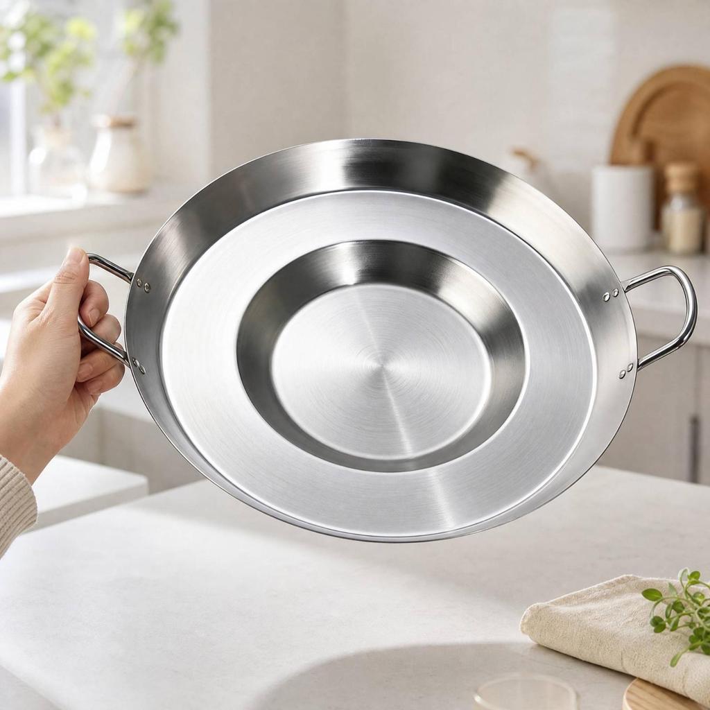 Uncoated Stainless Steel Grill and Fry Pan Induction Compatible Round Concave Frying with Two