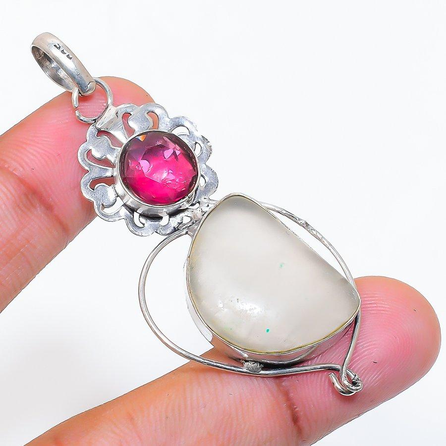 Natural Aqua Chalcedony, Rubillite 925 Sterling Silver Pendant 2.44" ZS-314