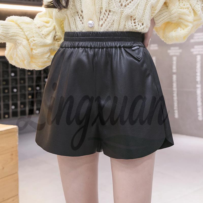2026 Autumn/Winter Women's High Waist A-line PU Leather Shorts with Elastic Waist and Slimming Wide Leg Design