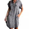 Women Casual Denim Dress Short Sleeve Solid Color Pocket Fashion
