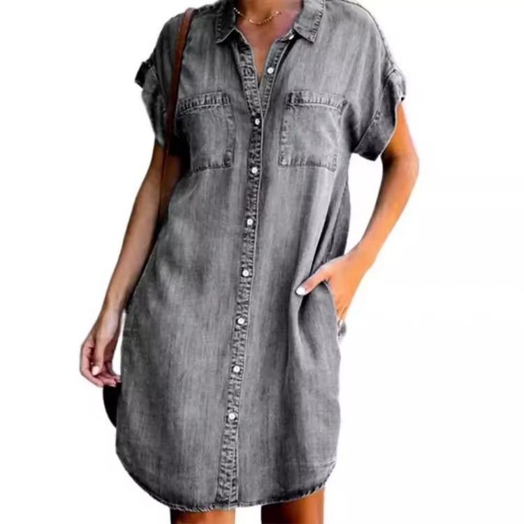 Women Casual Denim Dress Short Sleeve Solid Color Pocket Fashion
