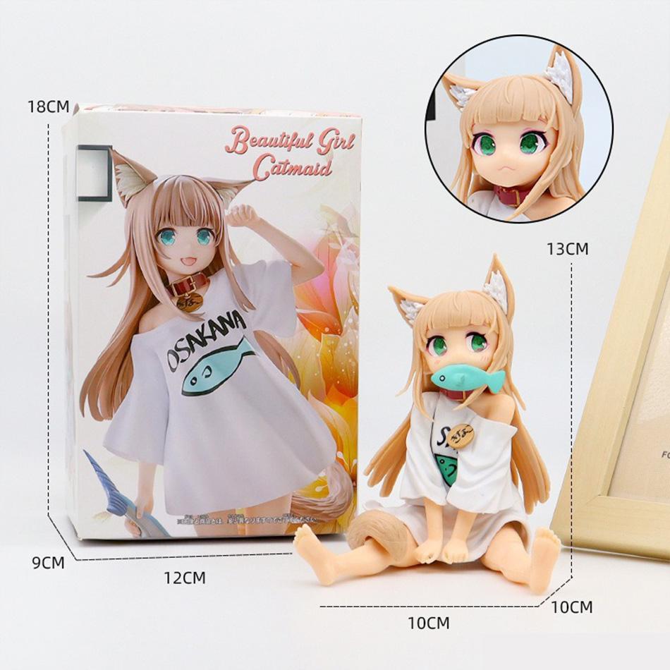 13/18Cm Golden Head My Cat Is A Kawaii Girl Anime Figure Sakura Soybean Flour Sit And Eat Fish Collectible Pvc Model Doll Toy