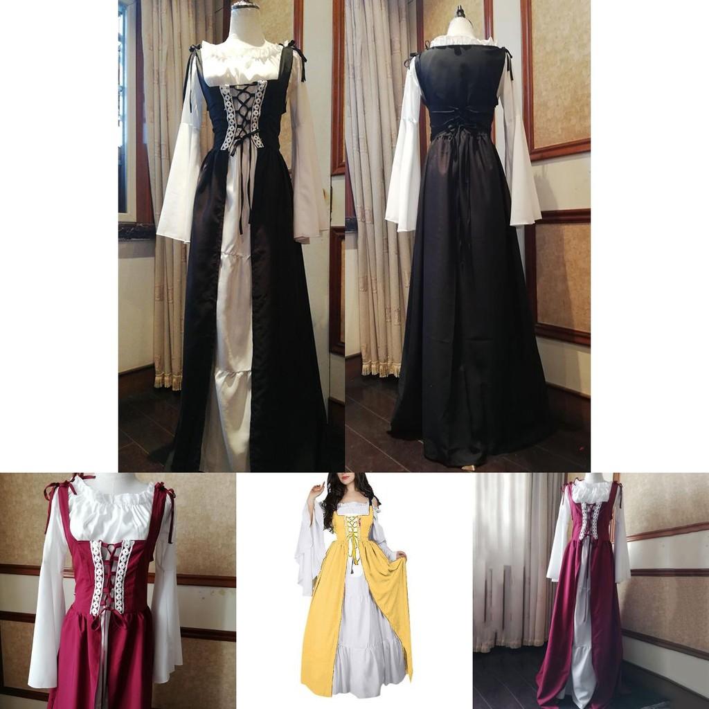Elegantes Damen Vintage Renaissance Mittelalter Langes Kleid Mit Ausgestellten Ärmeln Und Schnürdetail