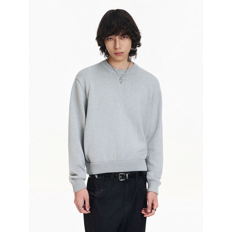 Blaexit American-Style Loose Round-Neck Short Sweater for Men, Winter Fleece-Lined Thick Black Knit Top