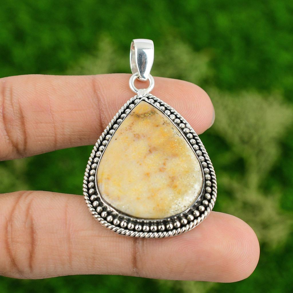 Daughters Day Deal 925 Sterling Silver Pear Fossil Coral Stone Bezel New Pendant