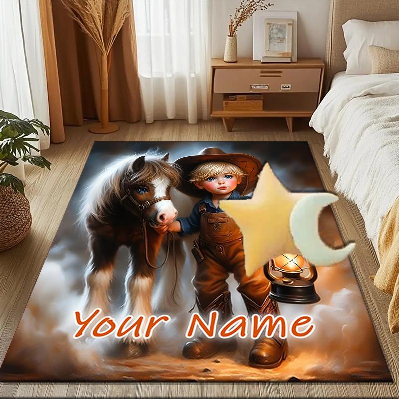 1PC Custom Name Boy And Horse Adventure Theme Floor Mat Ideal for Living Room, Game Rooms, Office, Bedroom,Floor Mat Playful Design111