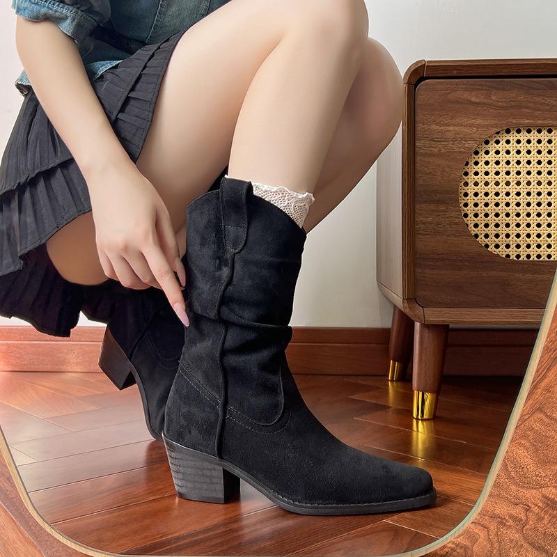 Large size -4 cowboy boots women's autumn new pointed thick heel pleated stack short Martin boots knight boots