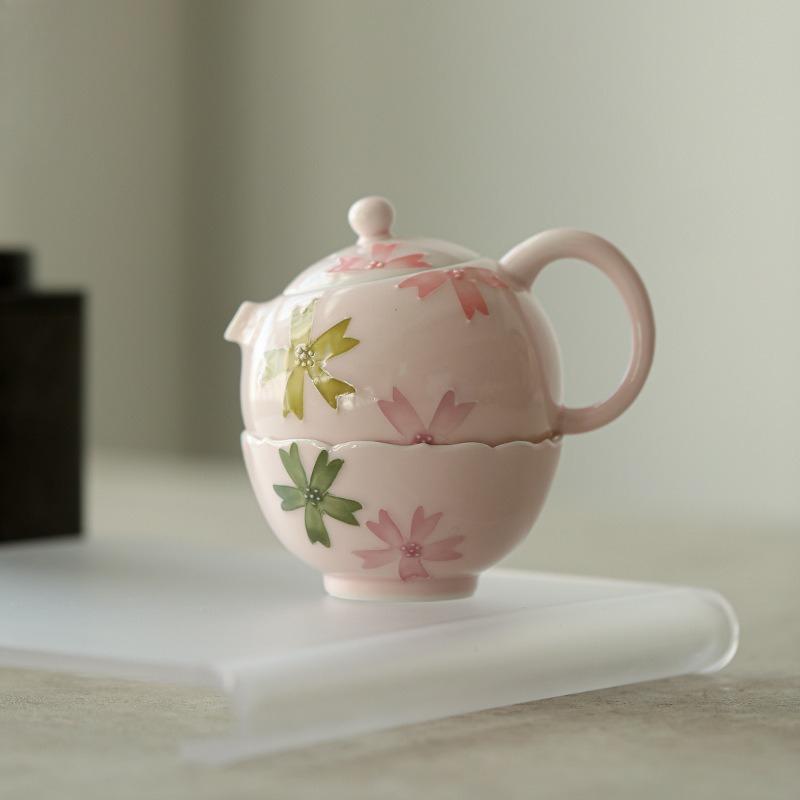 Hand Painted Underglaze Pink Sakura Xishi Teapot Luxury Ceramic Tea Set for Home Use