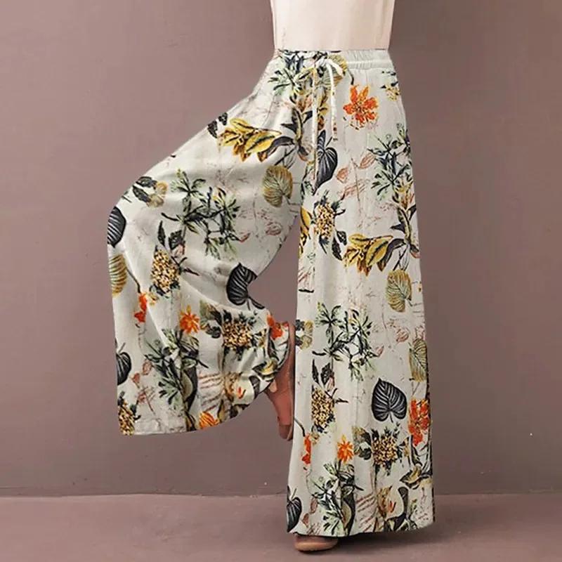 Floral Print Wide Leg Women Pants Spring Drawstring Bohemia Trousers Lady Casual Loose Elastic Waist Pantalonsw