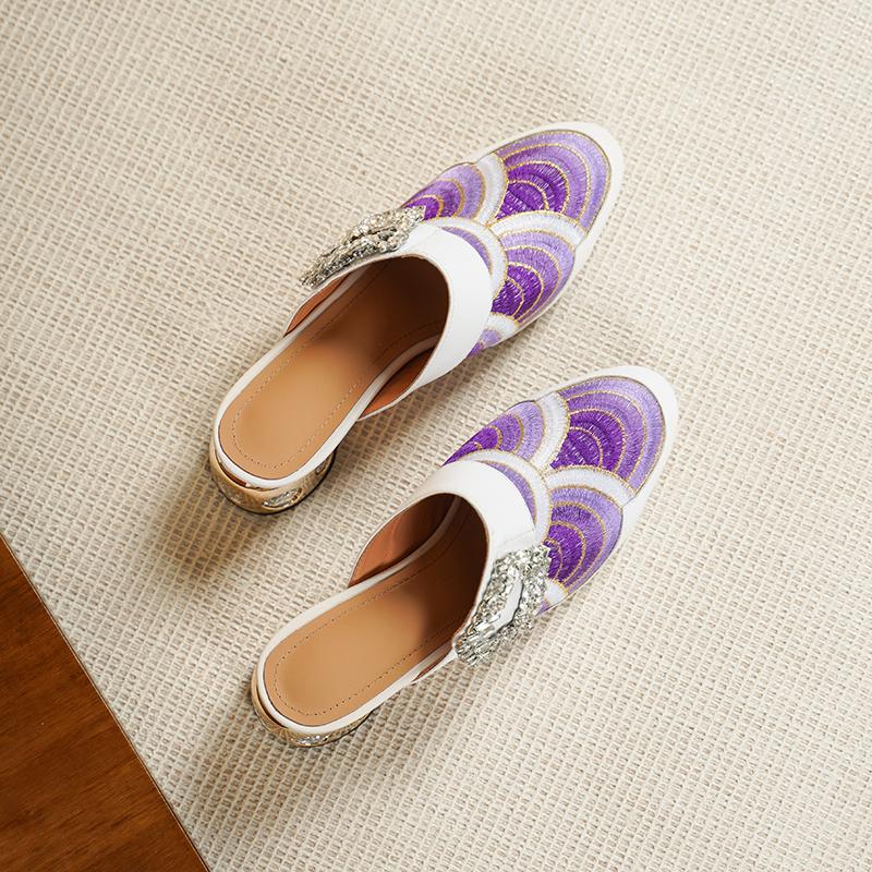 

Krazing Pot Mules Cow Skin Spring Summer Size 43 Size 42 Sandals Women Crystal Heels Peacock Pattern Women Round Toe Slip on Pumps 43 фиолетовый