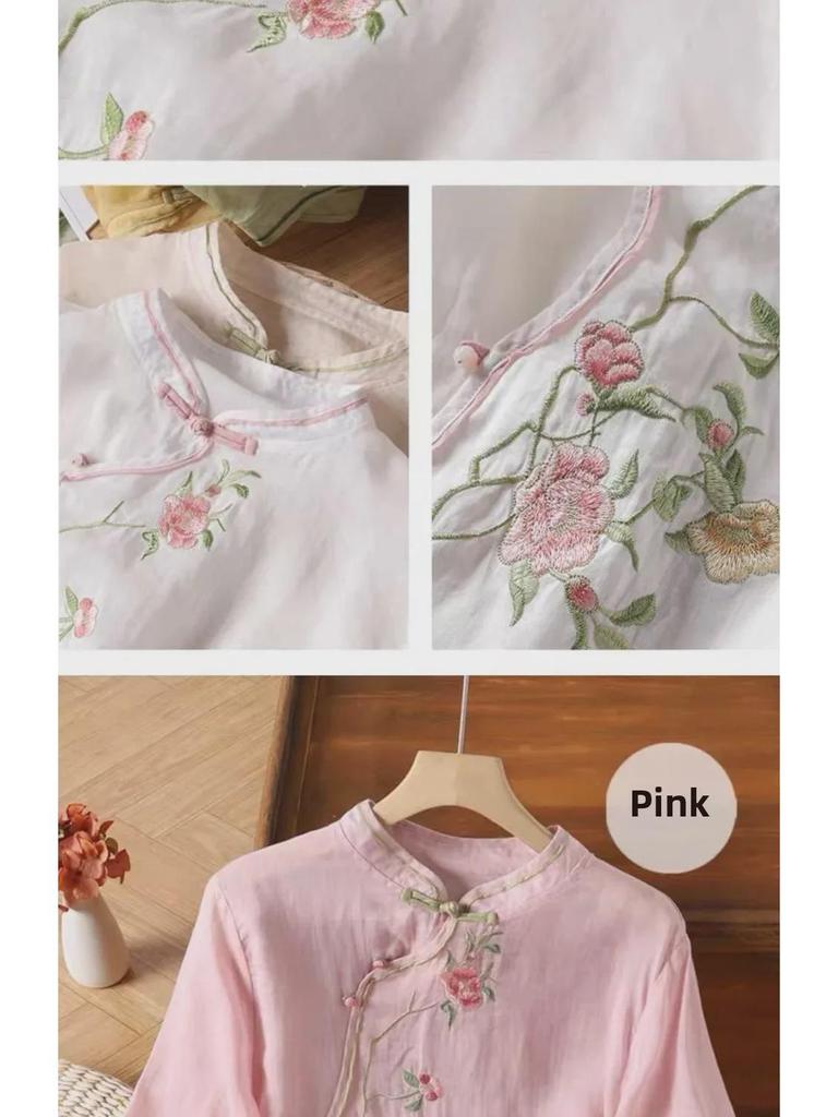 Women's Ethnic Cotton Embroidered Top - Chinese Slanted Placket with Frog Buttons, Artistic Summer Shirt