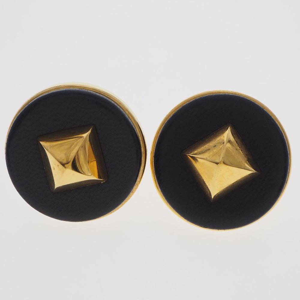 HERMES Medor Earring gold/black Plated Gold/leather 35g Women Used