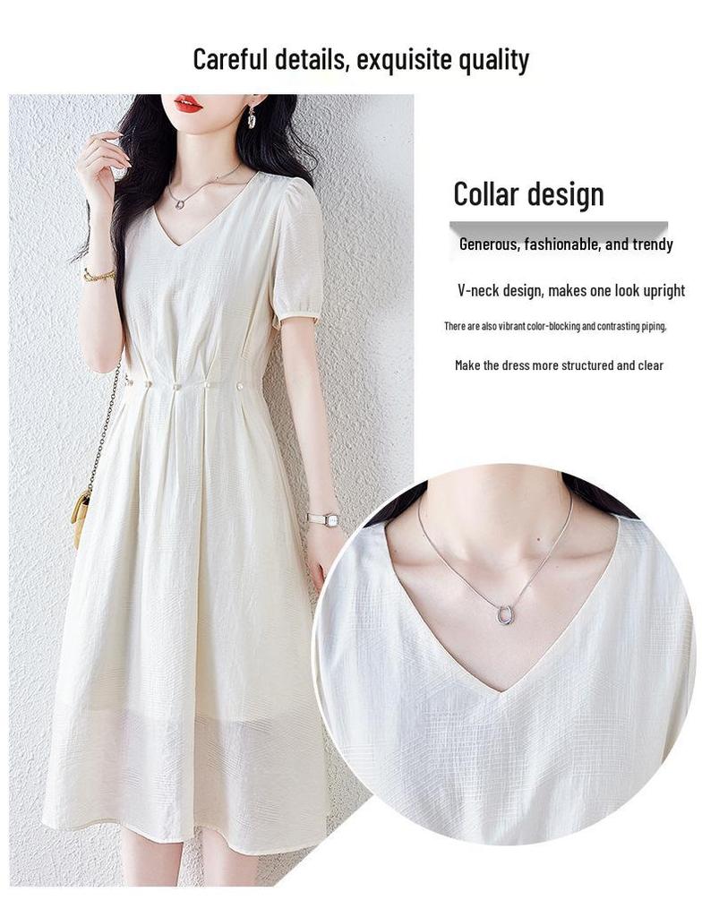Elegant French-Style Summer Dress: Cinched Waist, Age-Defying Design