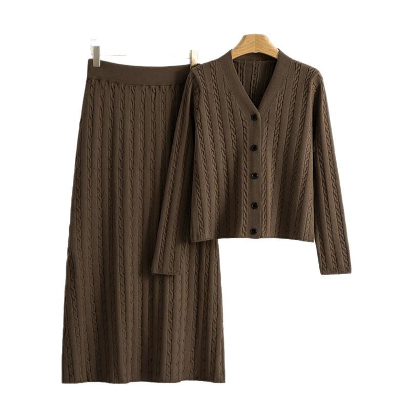 Fashionable Set of Linen Pattern Knitted Cardigan Top for Women's Autumn and Winter New High Waist and Hip Skirt
