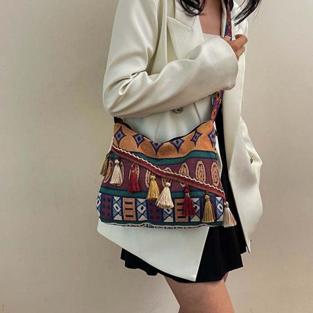 Tassel Fringe Shoulder Bag Large Capacity Bohemian Tote Bag Ethnic Style Crossbody Bags  Outdoor