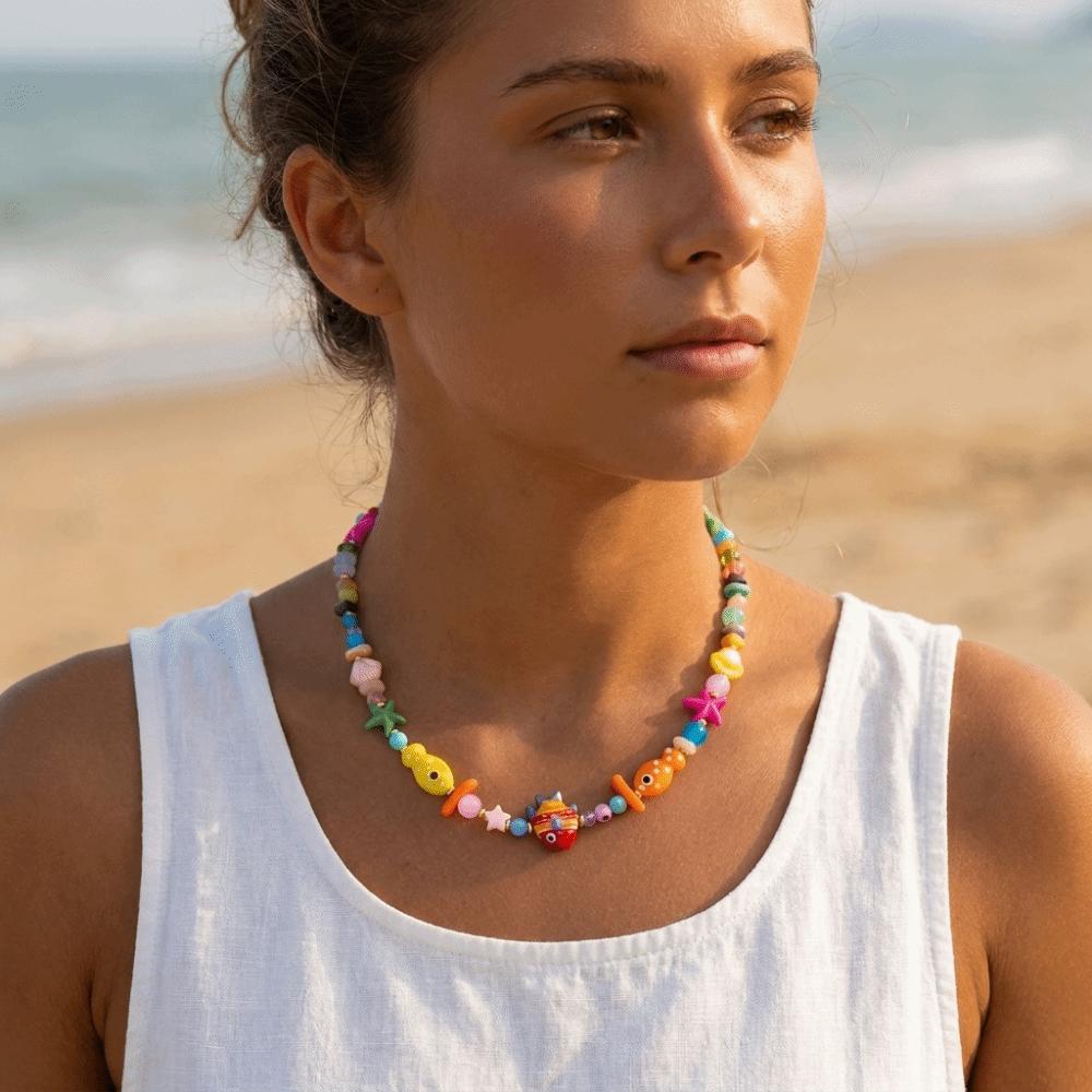 Resin Fish Charms Pendant Scallops Beaded Necklace Jewelry Colorful Fish Necklace Women