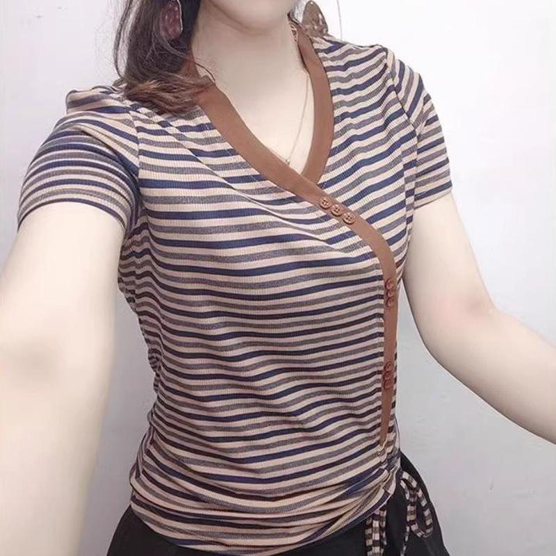

Large size women s clothing summer new style withdrawal lace-up short-sleeved striped T-shirt foreign Korean version thin top M кавовий