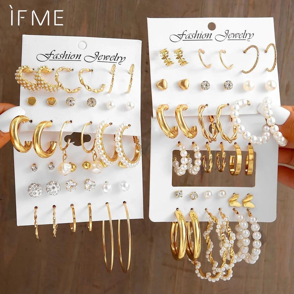 iF ME Vintage Geometric Hoop Earrings Set for Women Bohemian Artificial Pearls Circle Gold Color Metal Earrings Punk Fashion Jewelry Gift 2024