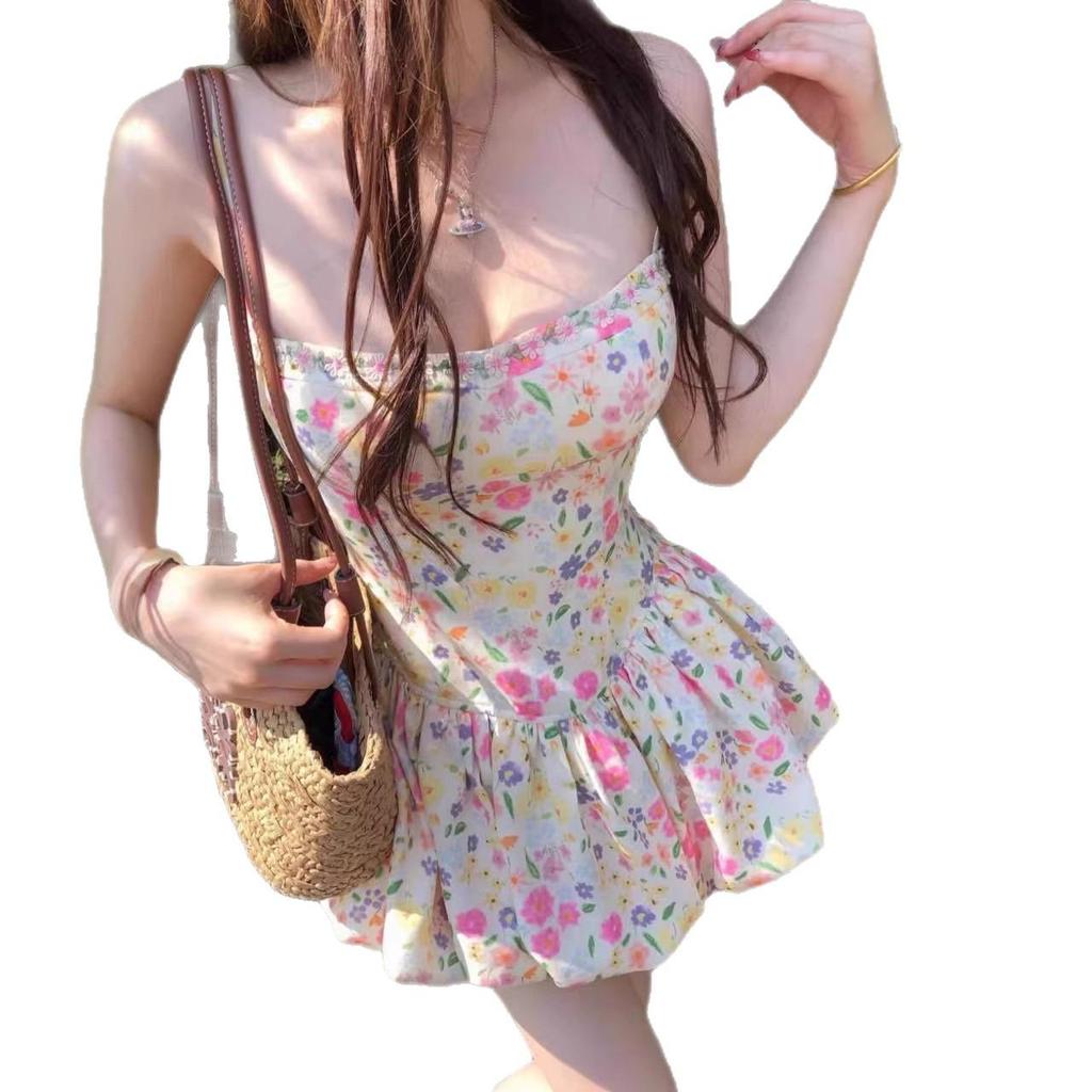 2026 French Floral Slip Dress: Spring/Summer Vacation Style, Waist-Cinched Short Skirt