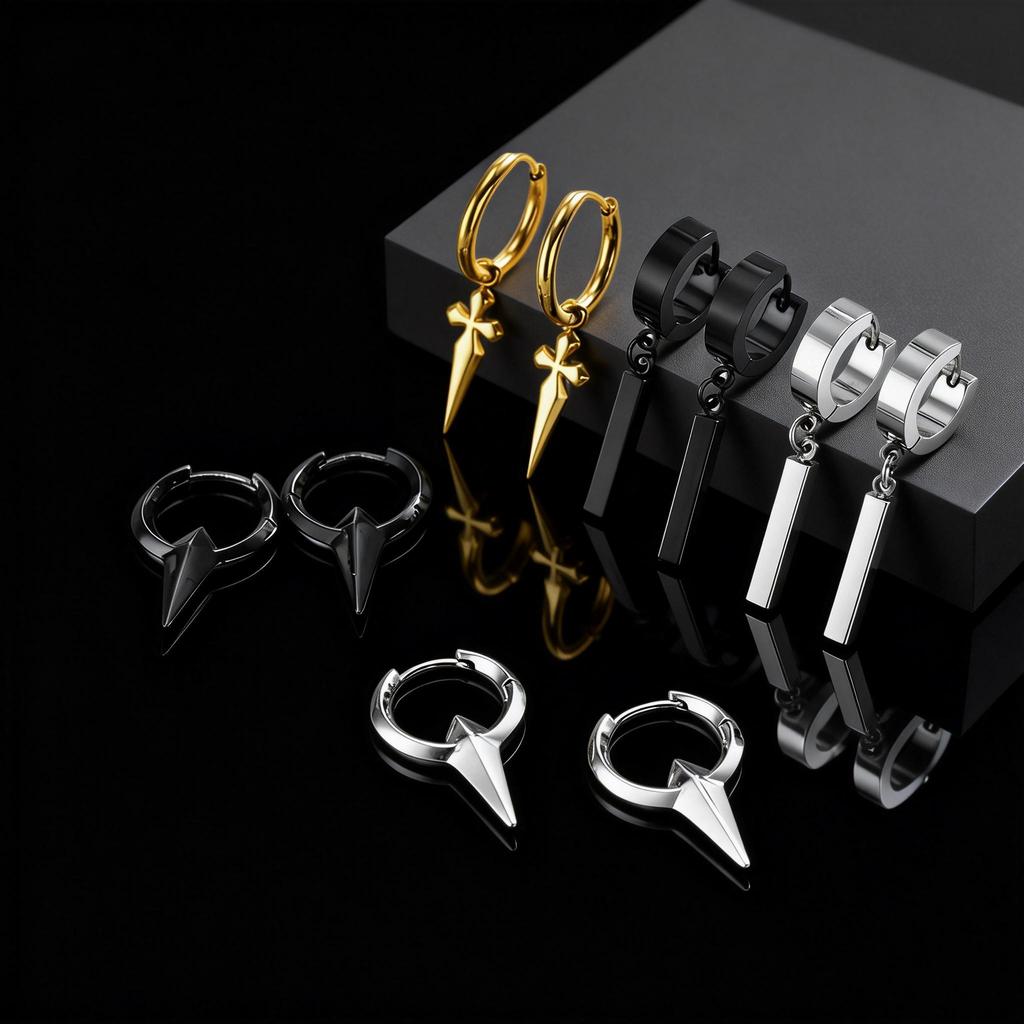 Multi Style Fashion Stainless Steel Hoop Earrings, Vintage Sword Star Geometric Pendant Men's Earrings, Hip Hop Piercing Jewelry