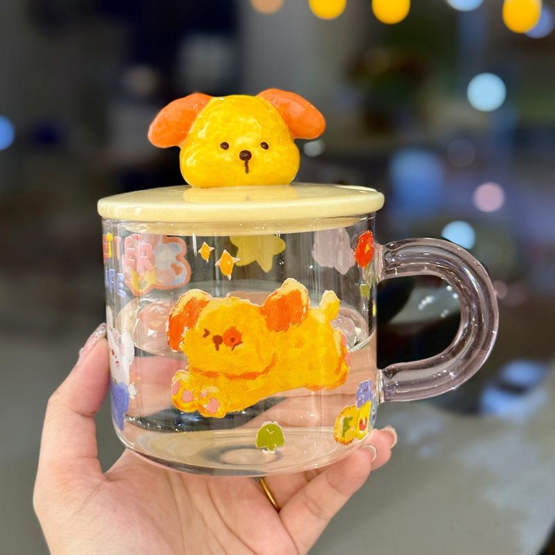 Cute Cartoon Animal High Borosilicate Glass Cup with Lid High Appearance Level  Qixi Festival Couple Water Cup Mug  Heat Resistant