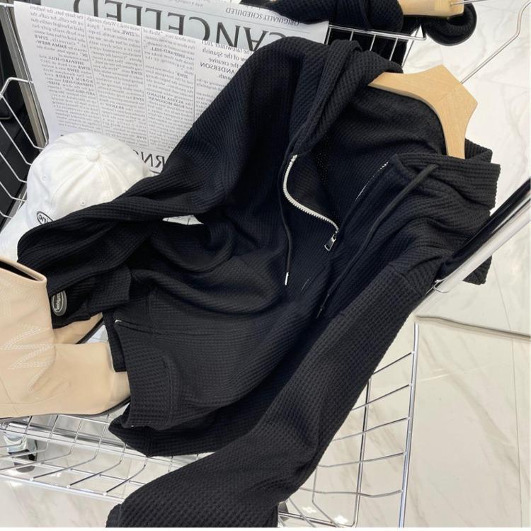 Hooded Waffle Jacket Comfortable Slim Womens Design Fit Autumn Spring Sweatshirt Niche