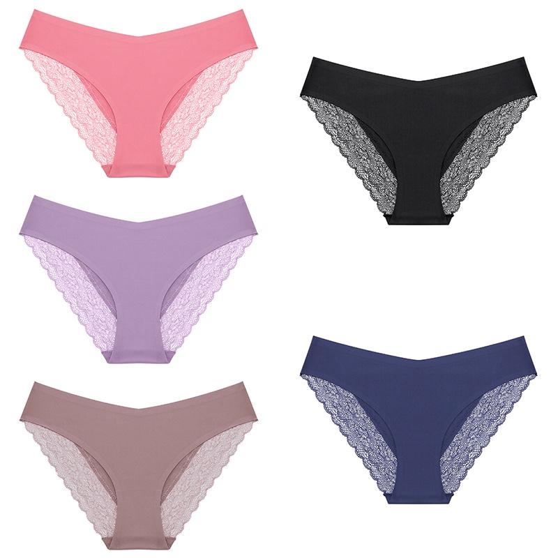 3PCS/SET Bezešvé kalhotky pro ženy Krajkové kalhotky Bez stop a prodyšné spodní prádlo s nízkým pasem, jednobarevné spodní prádlo