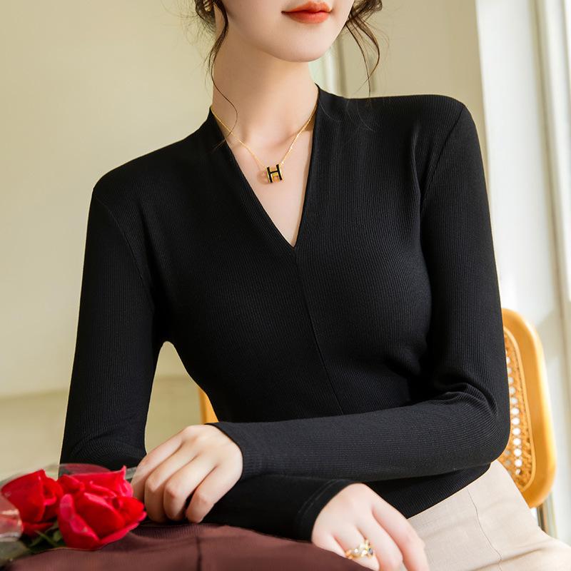 Threaded Bottomed Shirt Women's 2025 New Women's Clothing Sexy Deep V Foreign Style Shirt Elastic Inner Tight Long-sleeved Top