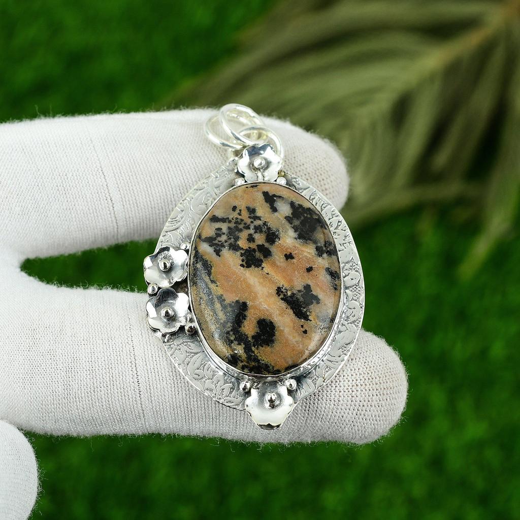 Natural Honey Dendrite Opal Gemstone Pendant Brown 925 Sterling Silver Jewelry