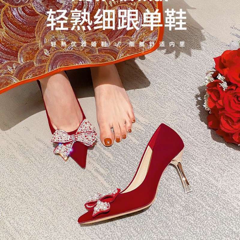 High heels women's thin heels Xiuhe wedding shoes women's 2025 spring and autumn new bridal red shoes Chinese wedding toast wedding