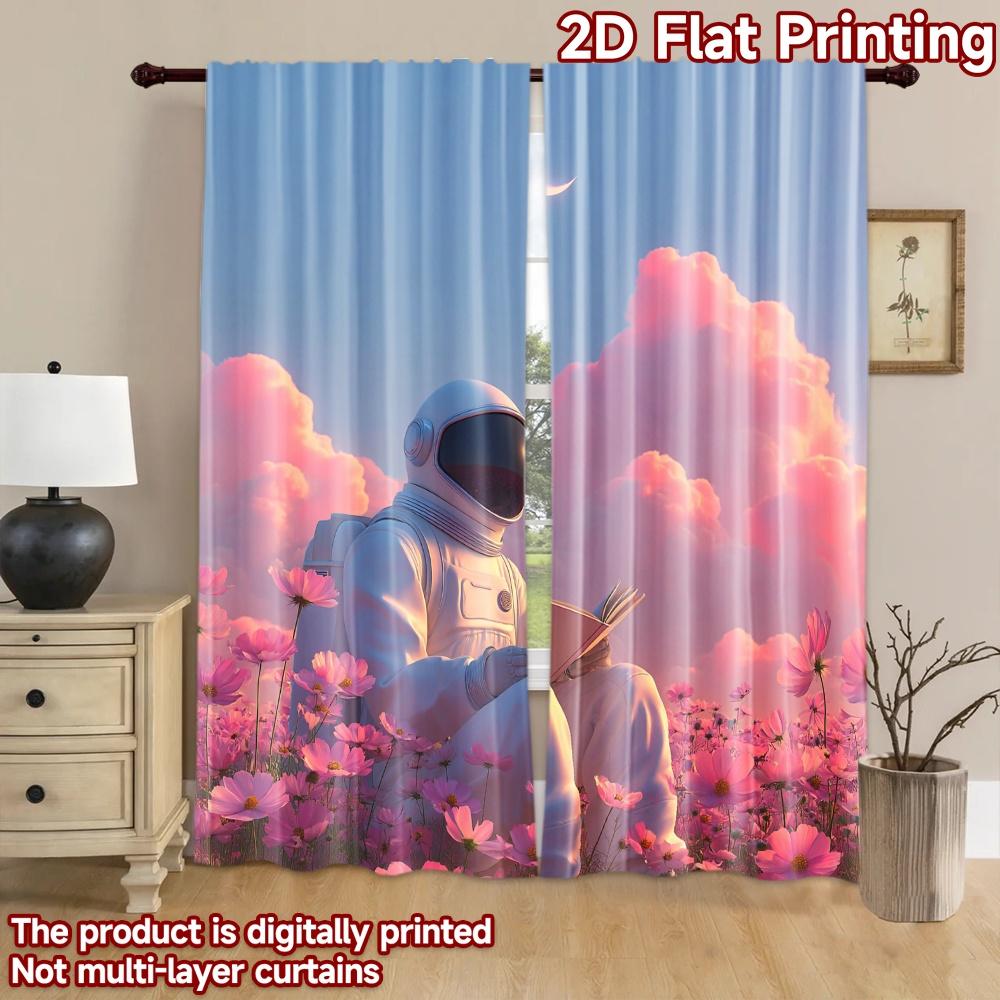 2D flat printing 2pcs Window Curtains Astronaut Reading Pink Flowers Moon Digital Printed Polyester Drapes Family Party