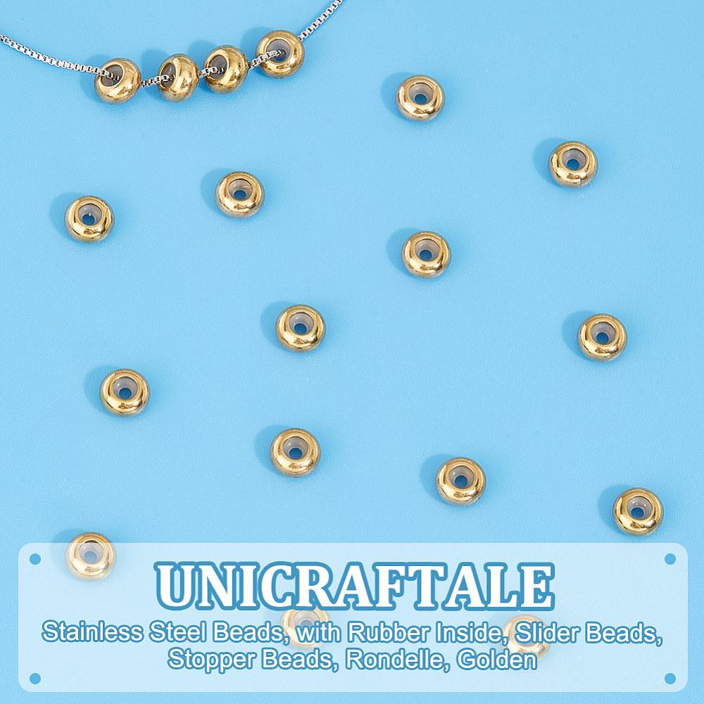 1box 20pcs Stainless Steel Beads with Rubber Inside Slider Beads Rondelle Golden 8x4mm Hole: 2mm