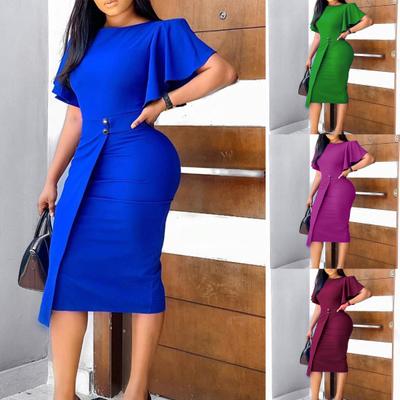 Formal Dress Solid Color Split Hem Summer Slim Crew Neck Dress