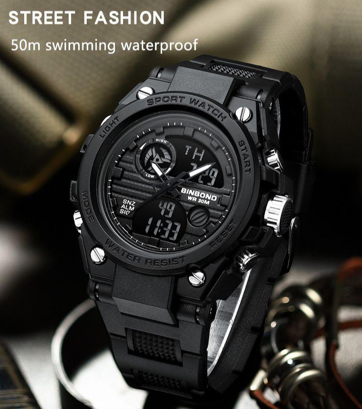 BINBOND LED Digital Watch Men Waterproof Luminous Double Display Quartz Wristwatches Men's Fashion Silicone Band Man Watches