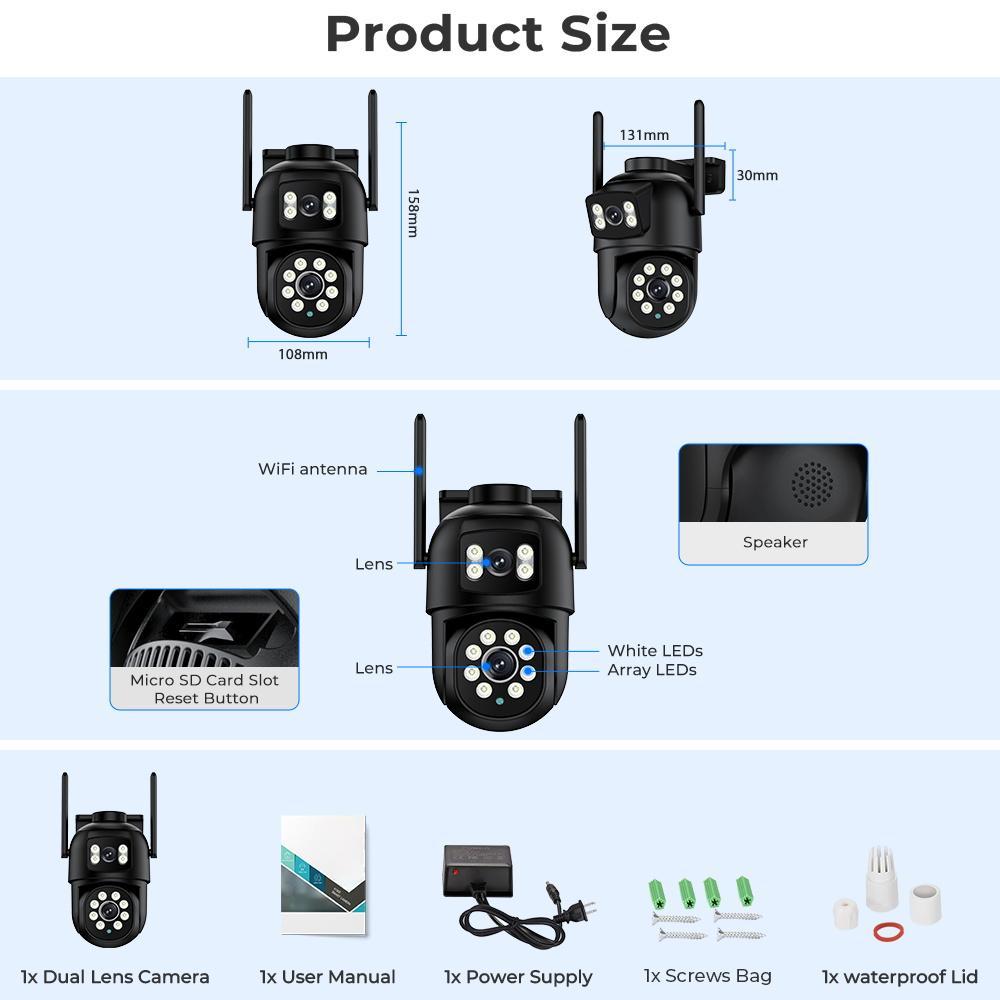 New 8MP 4K Dual Lens PTZ IP Camera with Dual Screen 4MP HD 4X Digital Zoom Auto Tracking Wireless Outdoor Surveillance Camera P6SLTIE